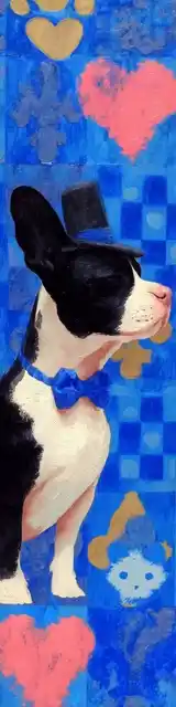 Free printable dog bookmark featuring side view of blakc and white dog with hearts